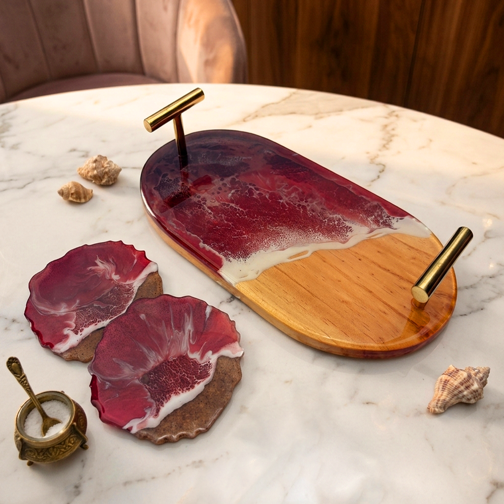 Elegant Resin & Wooden Tray with Coasters