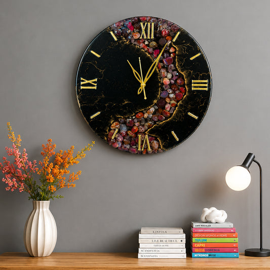 Resin Wall Clock with Decorative River Stones