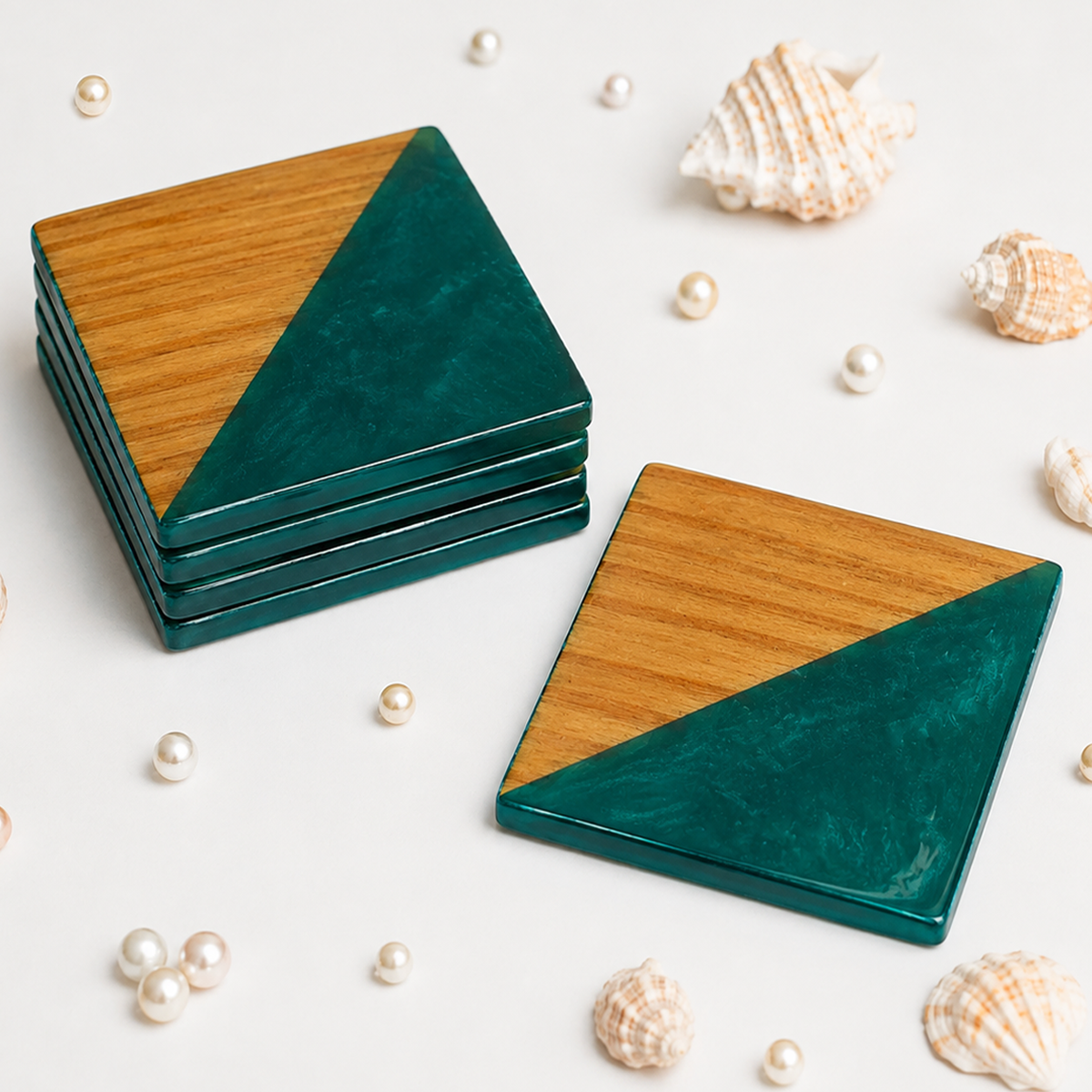 Resin & Wooden Tea Coaster's | Set of 4 | Colour- Green