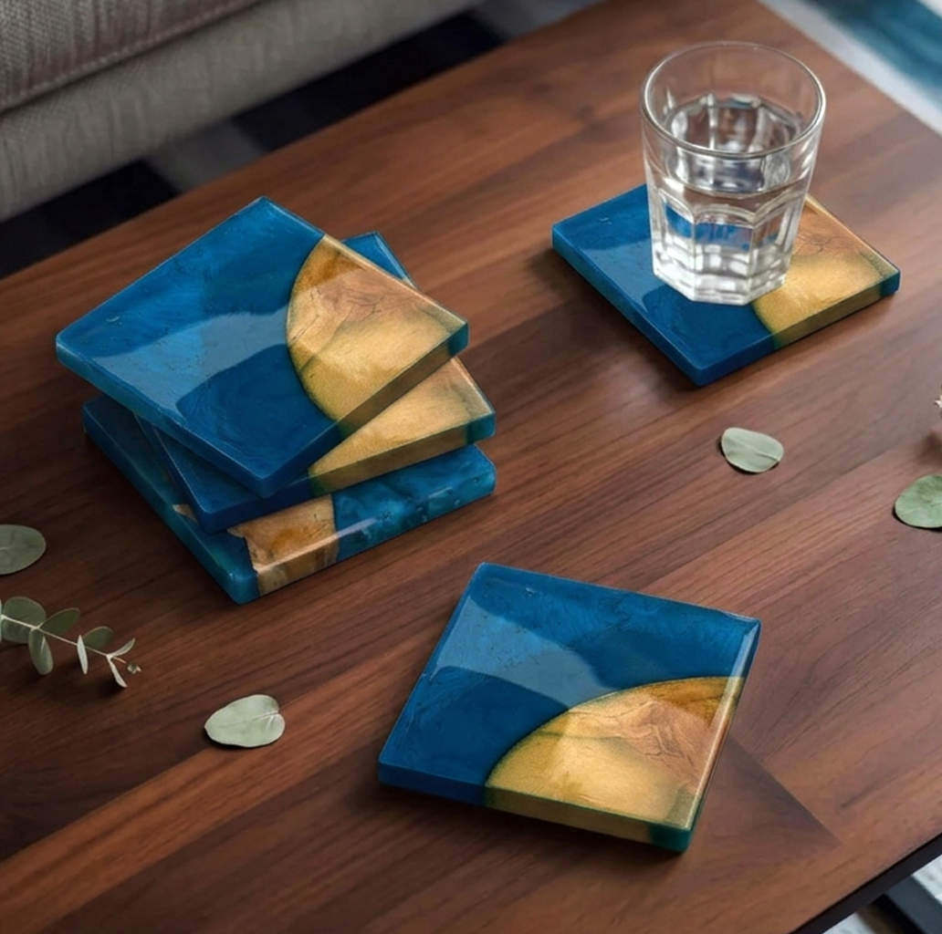 Resin & Wooden Tea Coaster's | Set of 4 | Colour- Blue