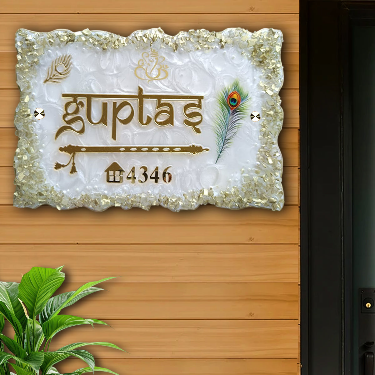 Resin & Acrylic Name Plate for House Entrance, Flat, Bungalow (Shiny Stones Art)