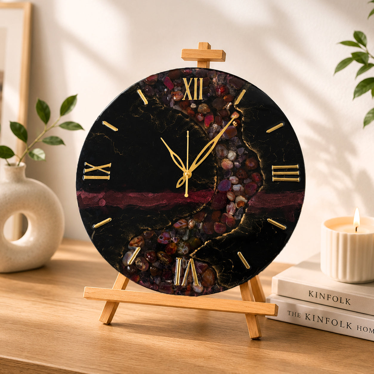 Resin Wall Clock with Decorative River Stones
