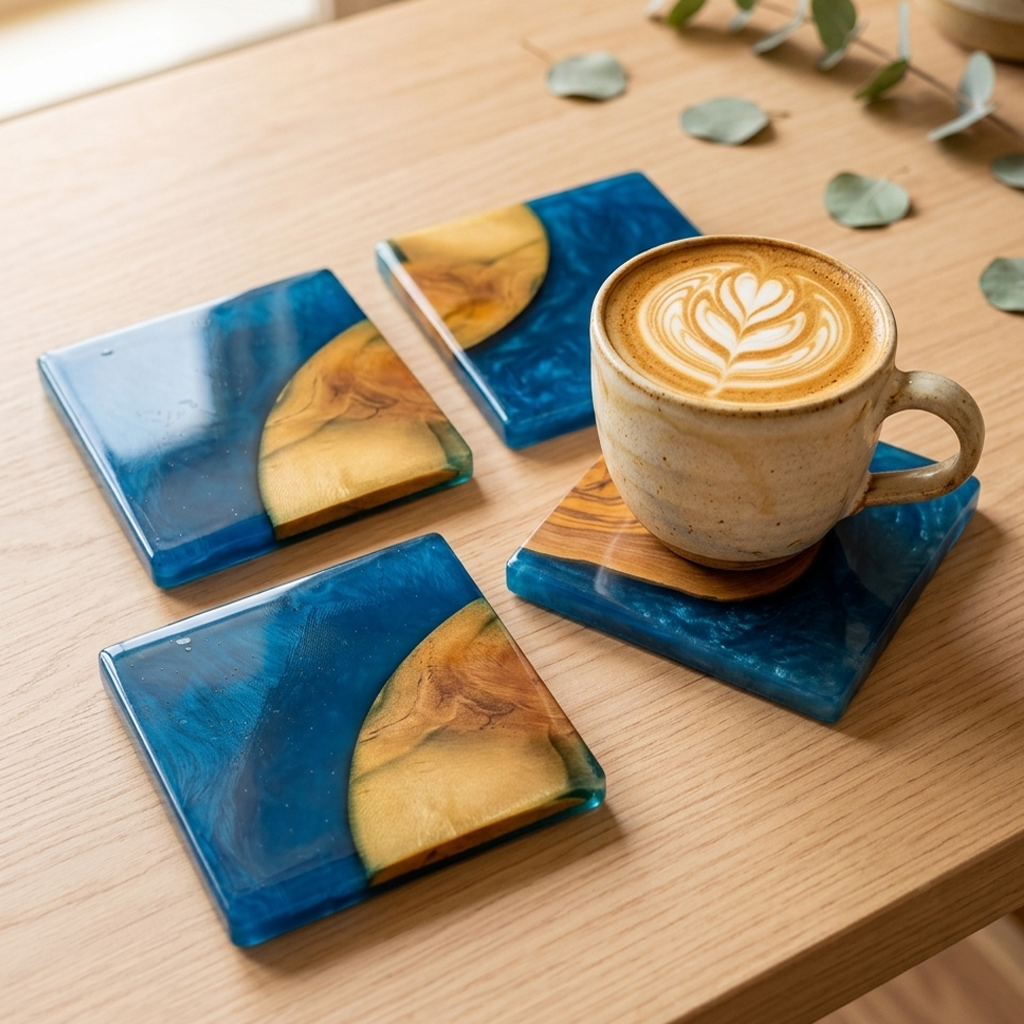 Resin & Wooden Tea Coaster's | Set of 4 | Colour- Blue