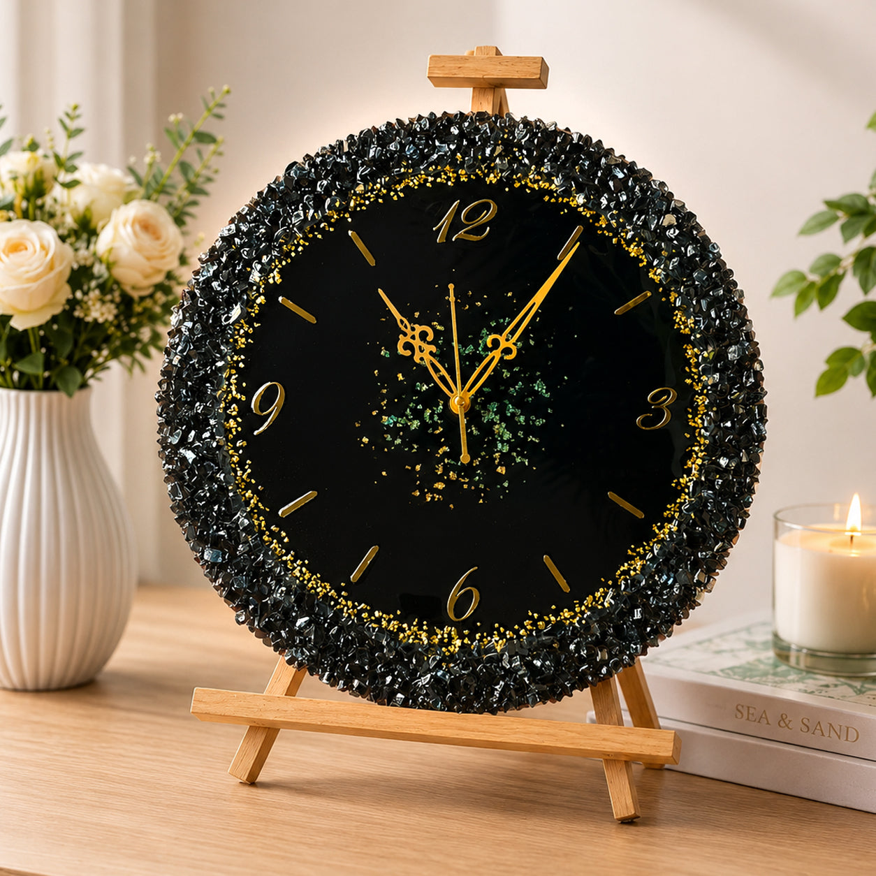 Royal Stone Theme Resin Wall Clock with Golden Glitter