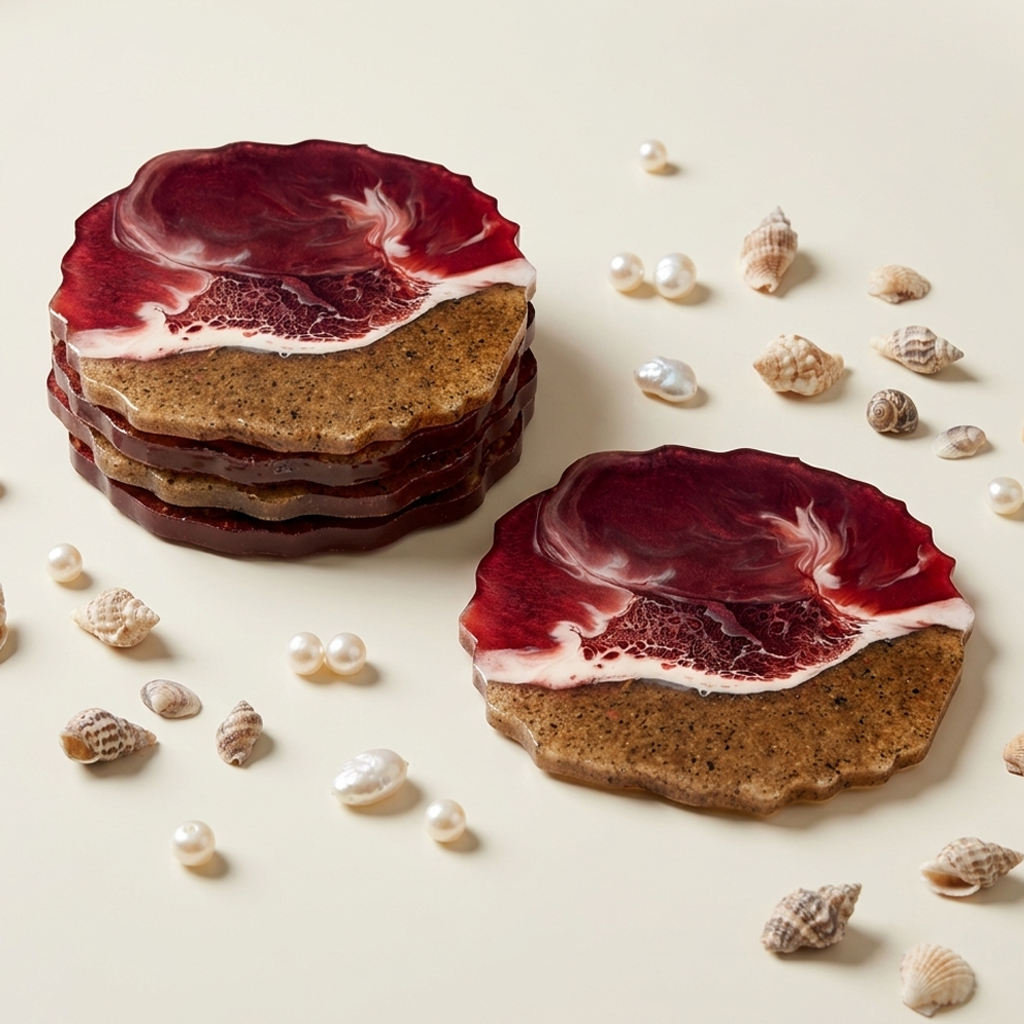 Resin & Wooden Round Shape Tea Coaster's | Set of 4 | Colour- Red