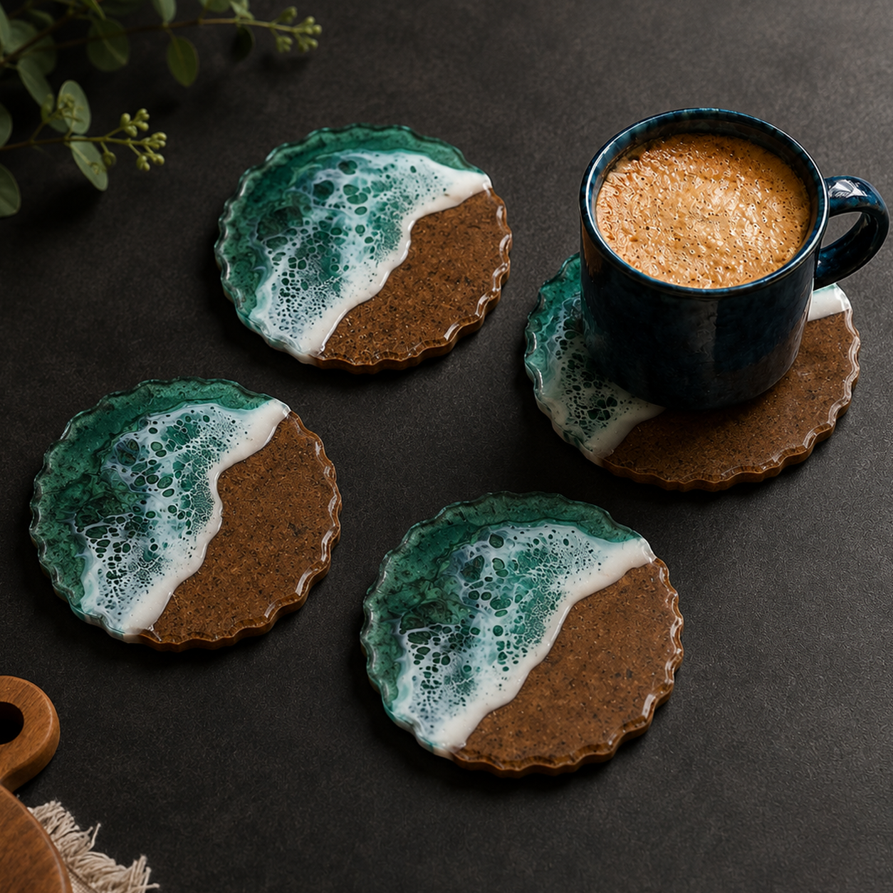 Resin & Wooden Round Shape Tea Coaster's | Set of 4 | Colour- Green