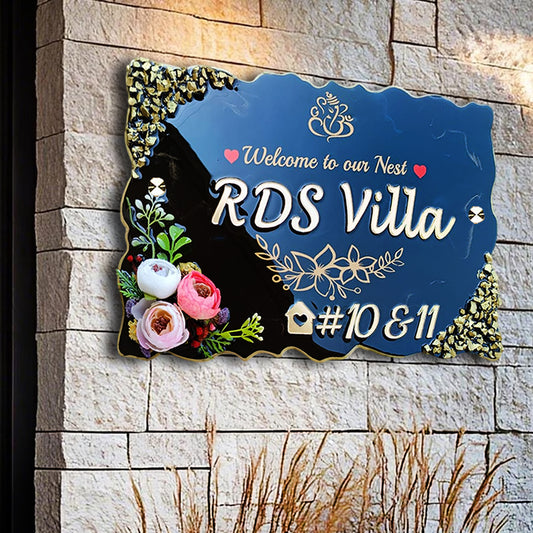 Shiny Resin & Acrylic Name Plate for House Entrance, Flat, Bungalow (Resin Black)
