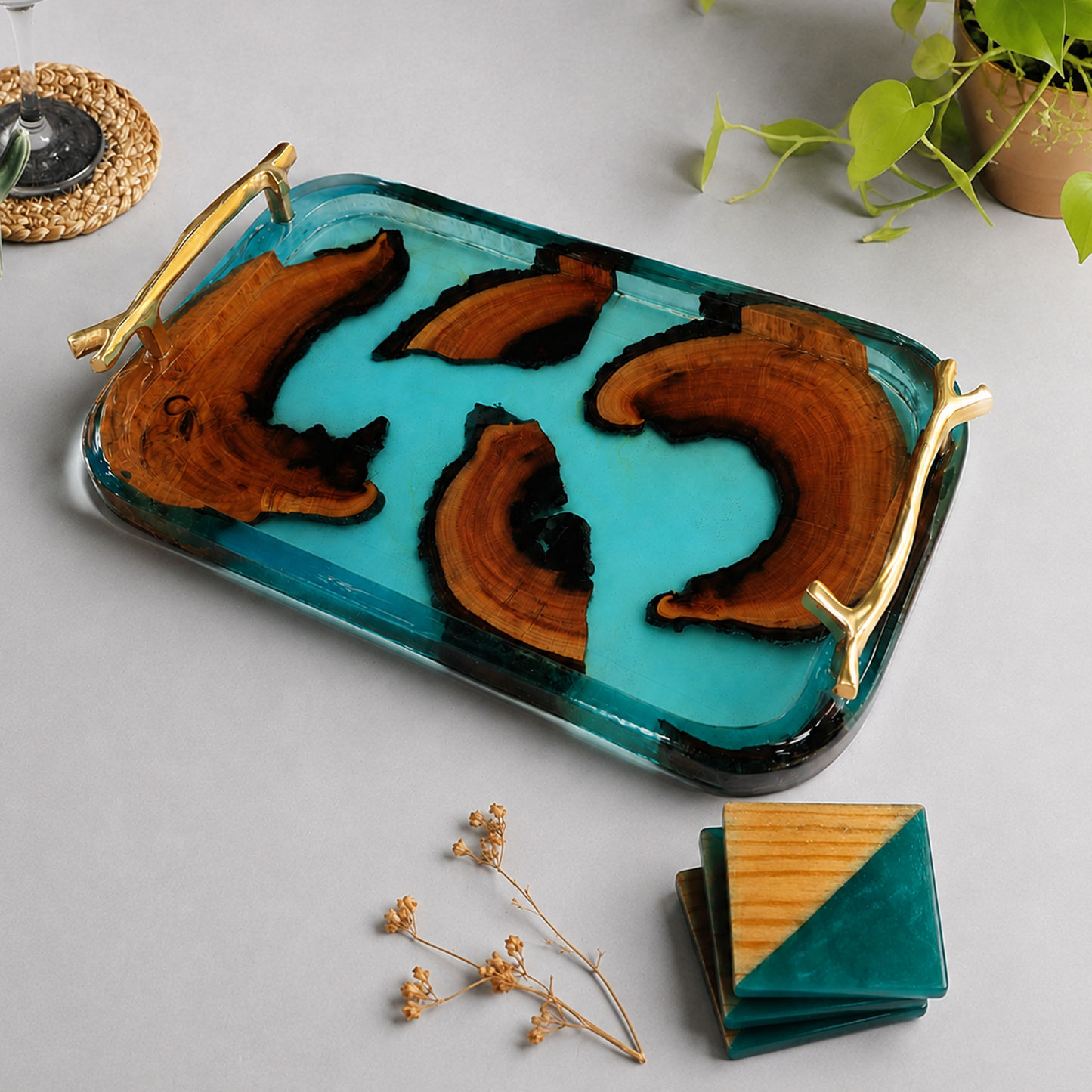 Resin & wooden Serving Tray with Metal Handles & Coasters