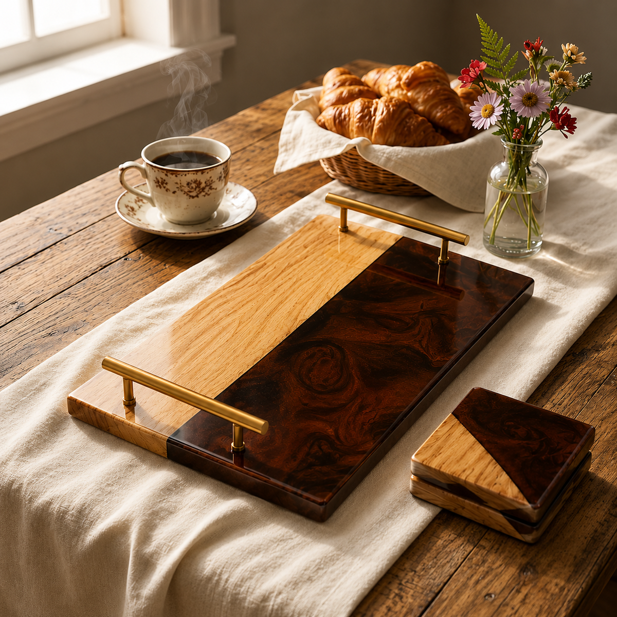 Resin & wooden Serving Tray with Coasters | Colour- Brown