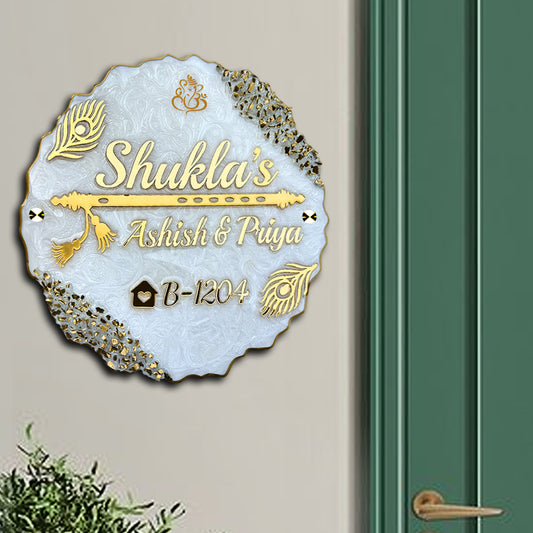 Customized Resin & Acrylic Name Plate for Home Entrance, Flat, Bungalow (Golden Waves)