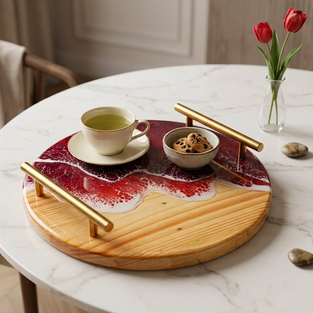 Circular Resin & Wooden Serving Trays with Metal Handle