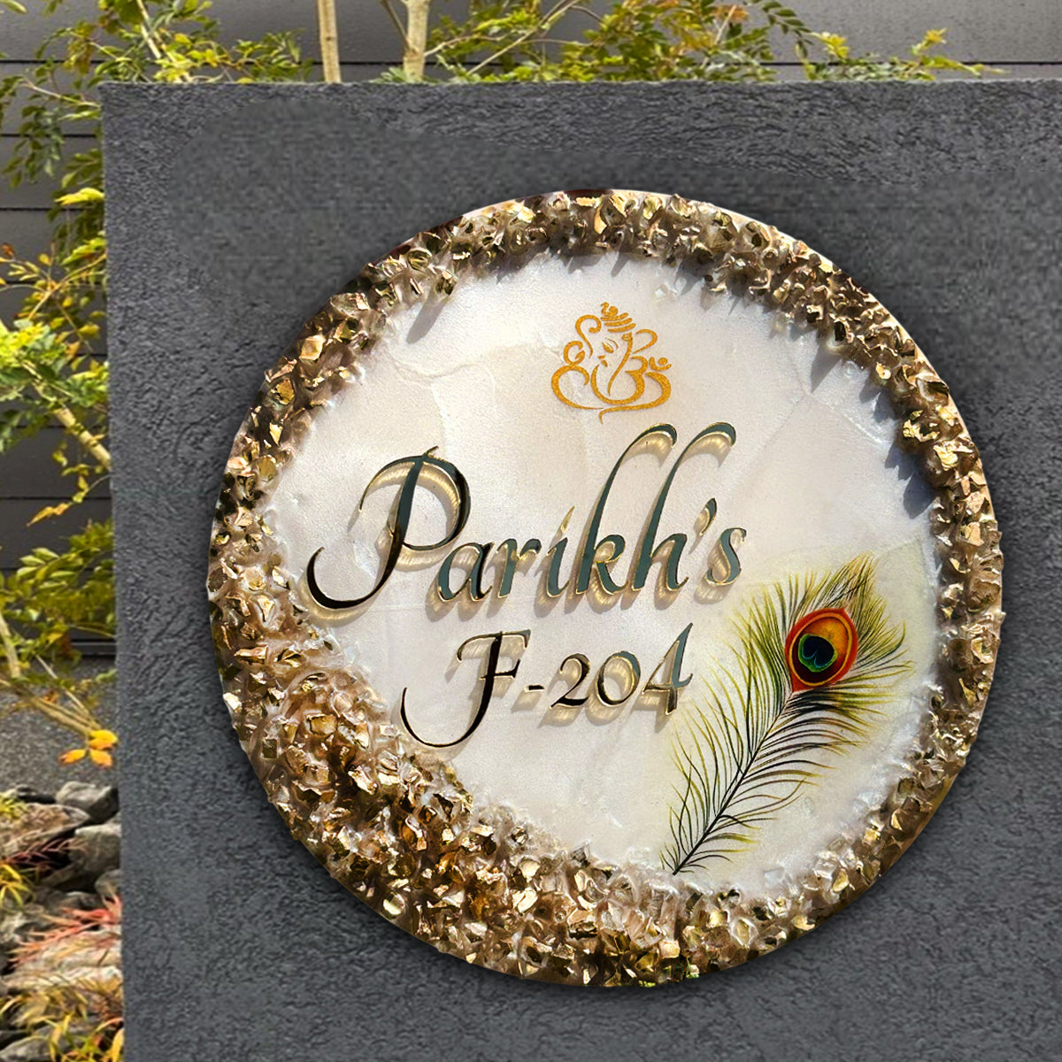 Customized Resin & Acrylic Name Plate for House Entrance, Flat, Bungalow (Shiny Stones)