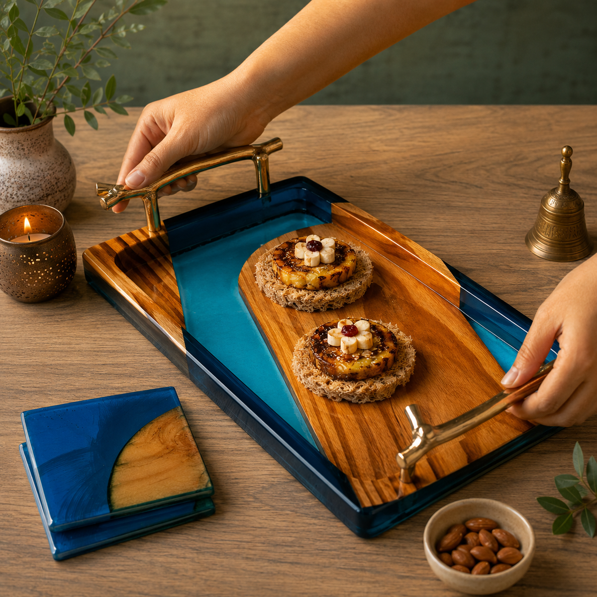 Wooden & Resin Serving Tray with Metal Handels