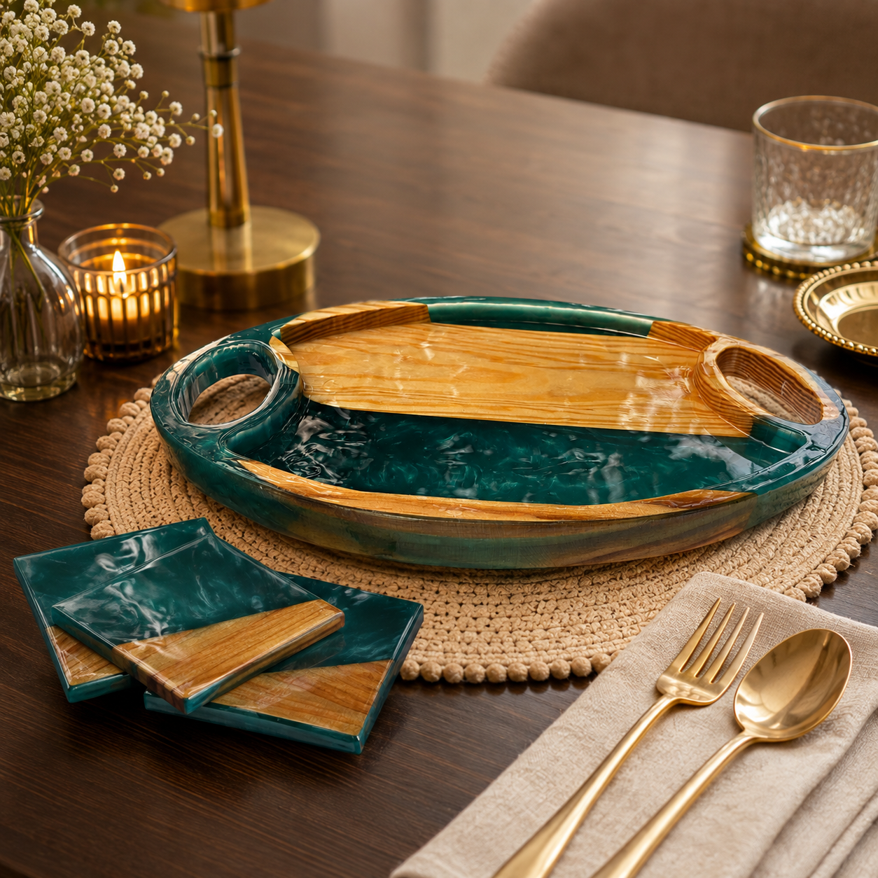 Resin & Wooden Serving Tray with Tea Coasters
