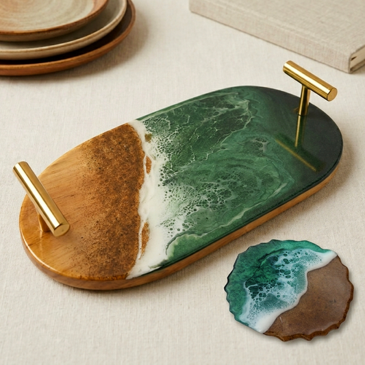 Classic Resin & Wooden Serving Tray | Colour- Green