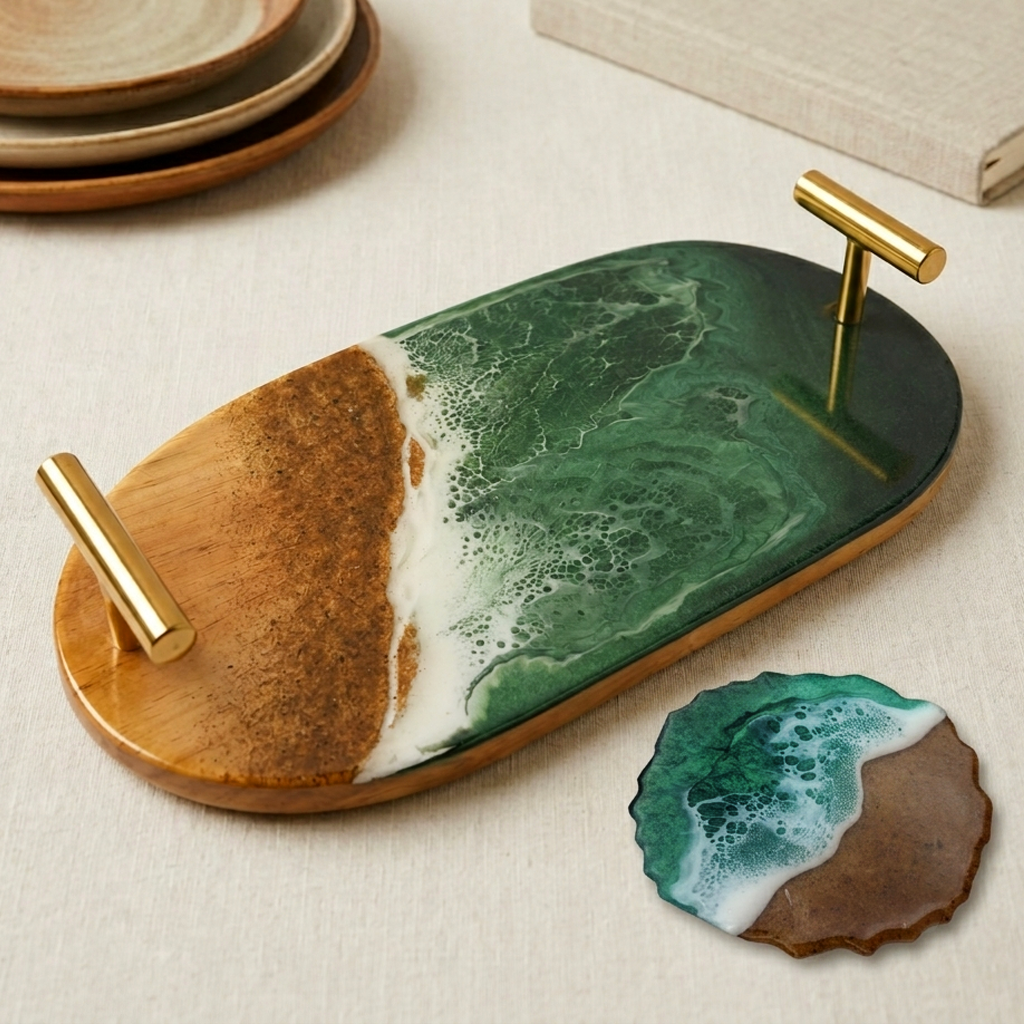 Classic Resin & Wooden Tray with Coasters | Colour- Green