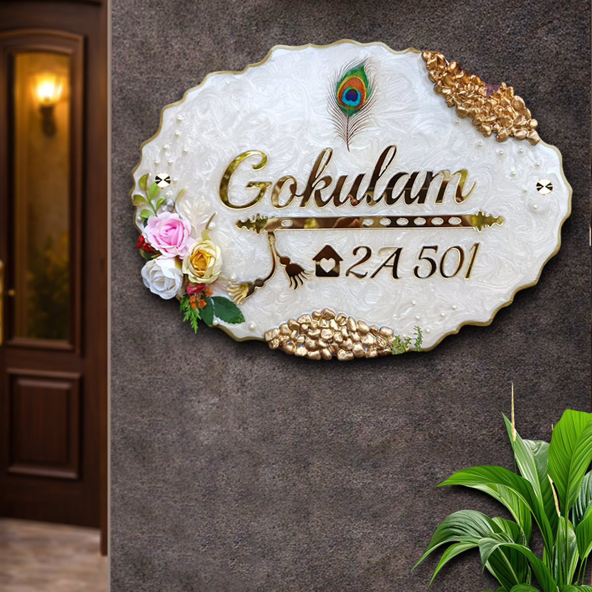 Customized Oval Shape Resin & Acrylic Name Plate for House Entrance, Flat, Bungalow (Roses And Stones)
