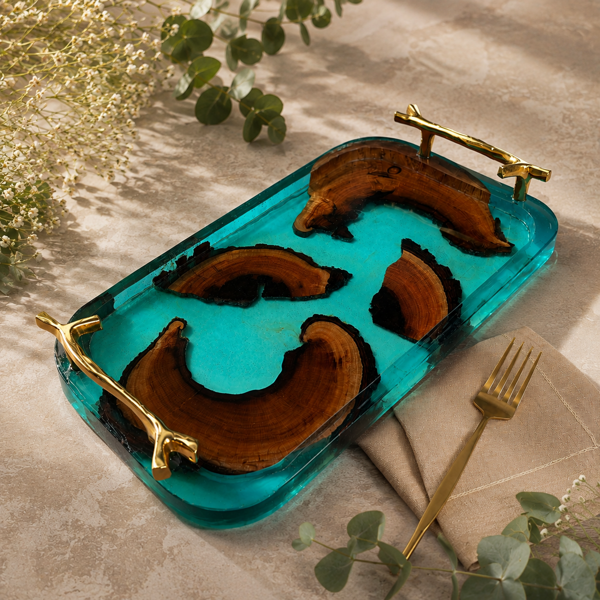 Resin & wooden Serving Tray with Metal Handles & Coasters