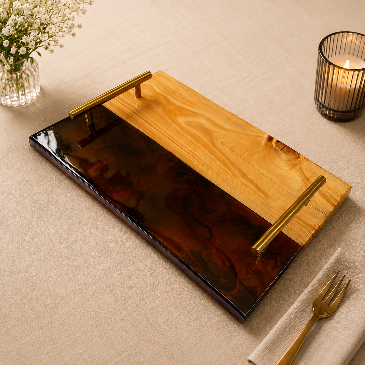 Resin & wooden Serving Tray with Coasters | Colour- Brown