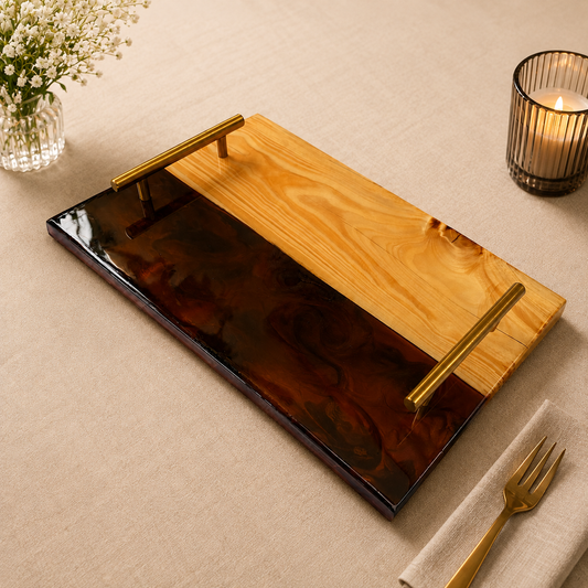 Resin & wooden Serving Tray with Coasters | Colour- Brown