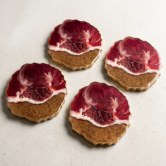 Resin & Wooden Round Shape Tea Coaster's | Set of 4 | Colour- Red