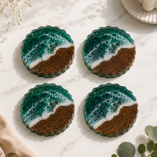 Resin & Wooden Round Shape Tea Coaster's | Set of 4 | Colour- Green
