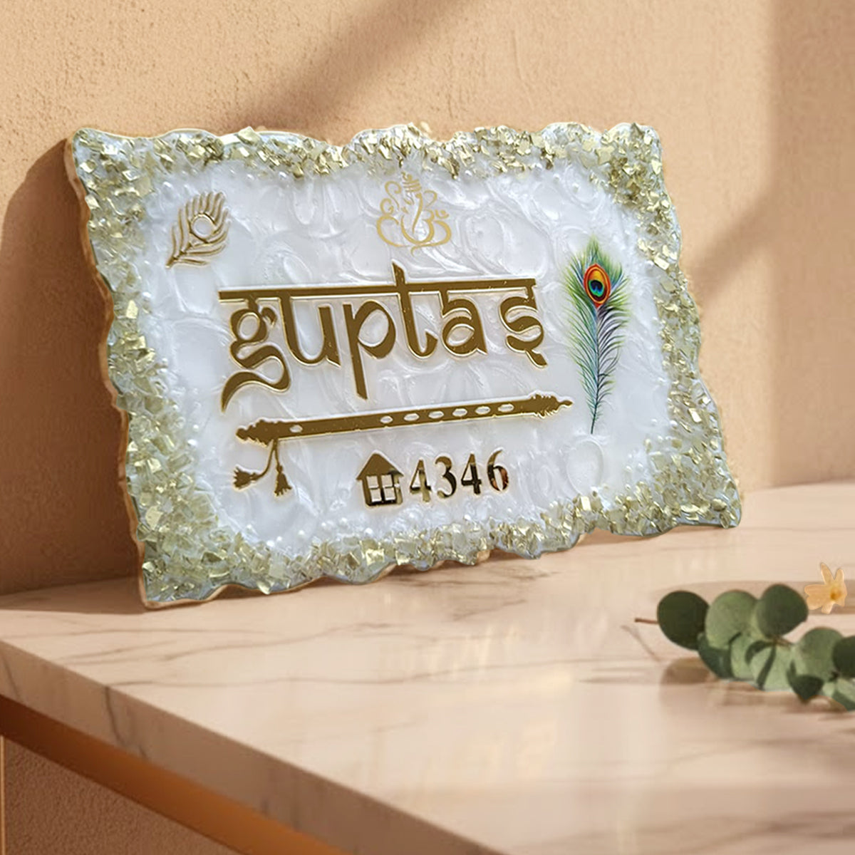 Resin & Acrylic Name Plate for House Entrance, Flat, Bungalow (Shiny Stones Art)