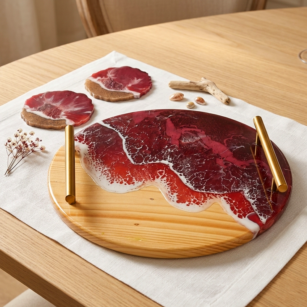 Circular Resin & Wooden Serving Trays with Metal Handle