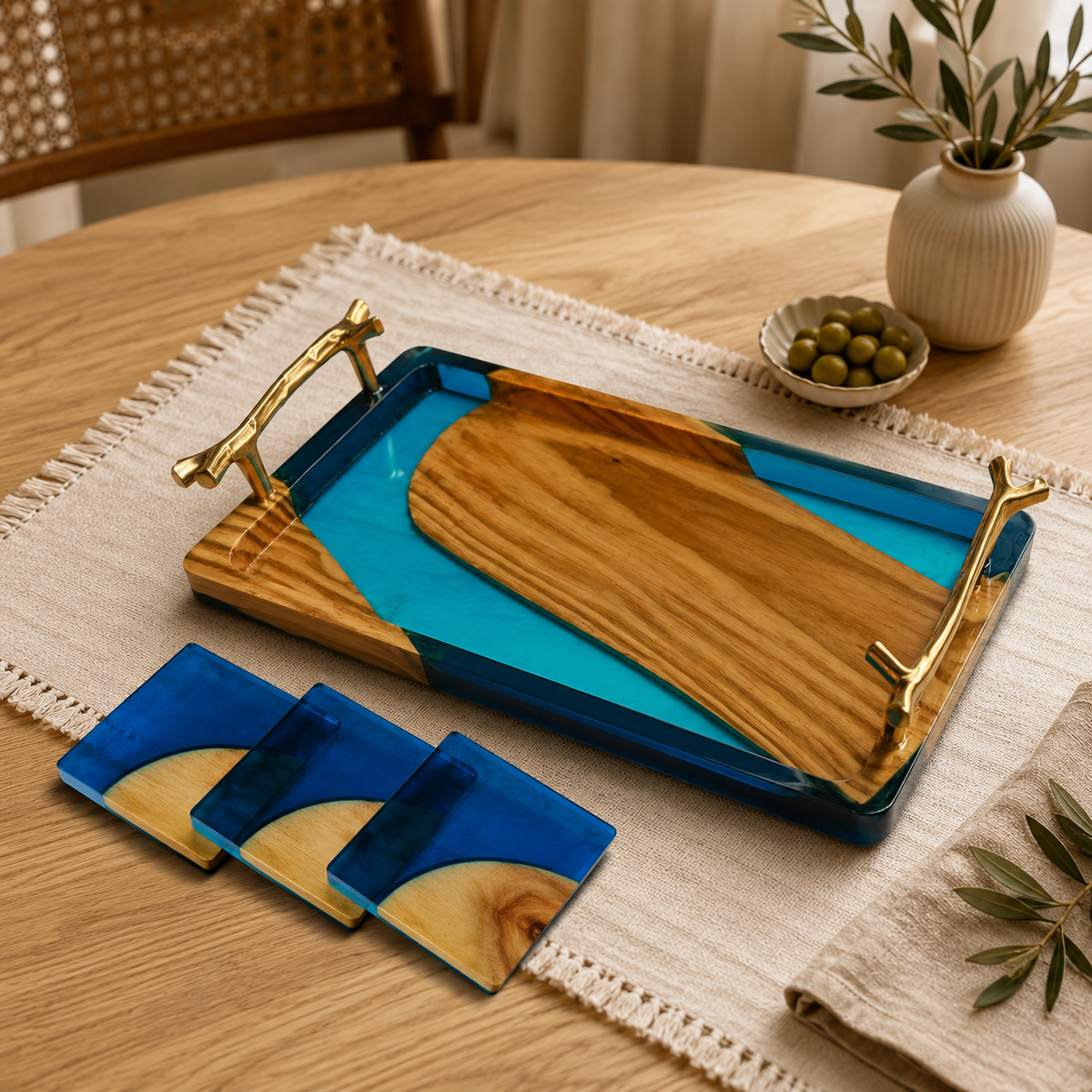 Wooden & Resin Serving Tray with Metal Handels