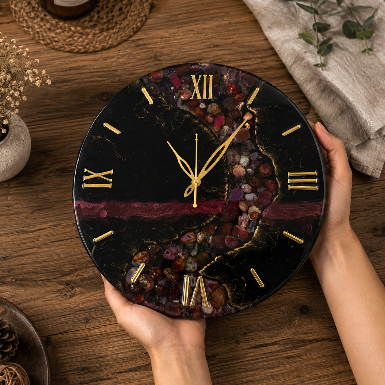 Resin Wall Clock with Decorative River Stones