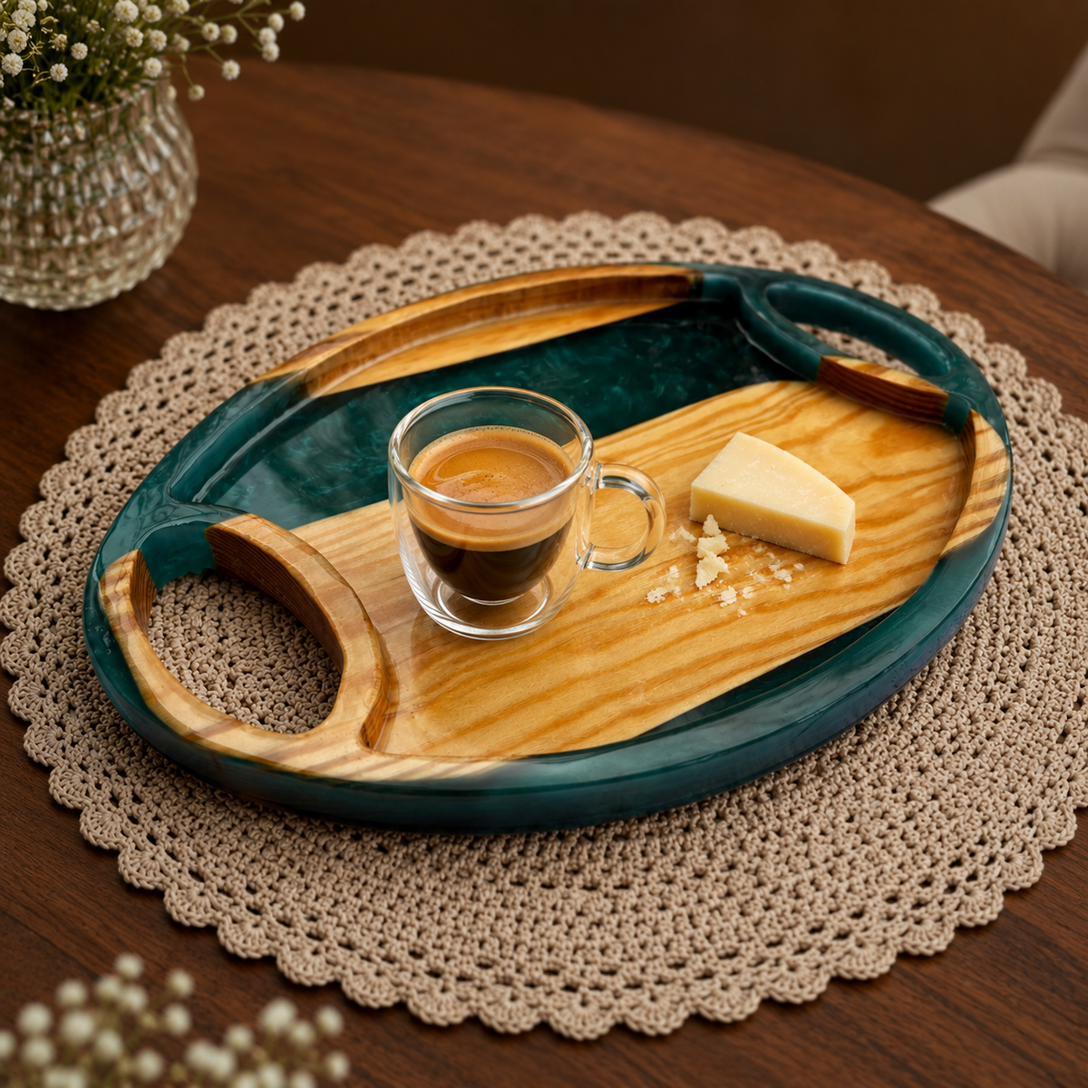 Resin & Wooden Serving Tray with Tea Coasters