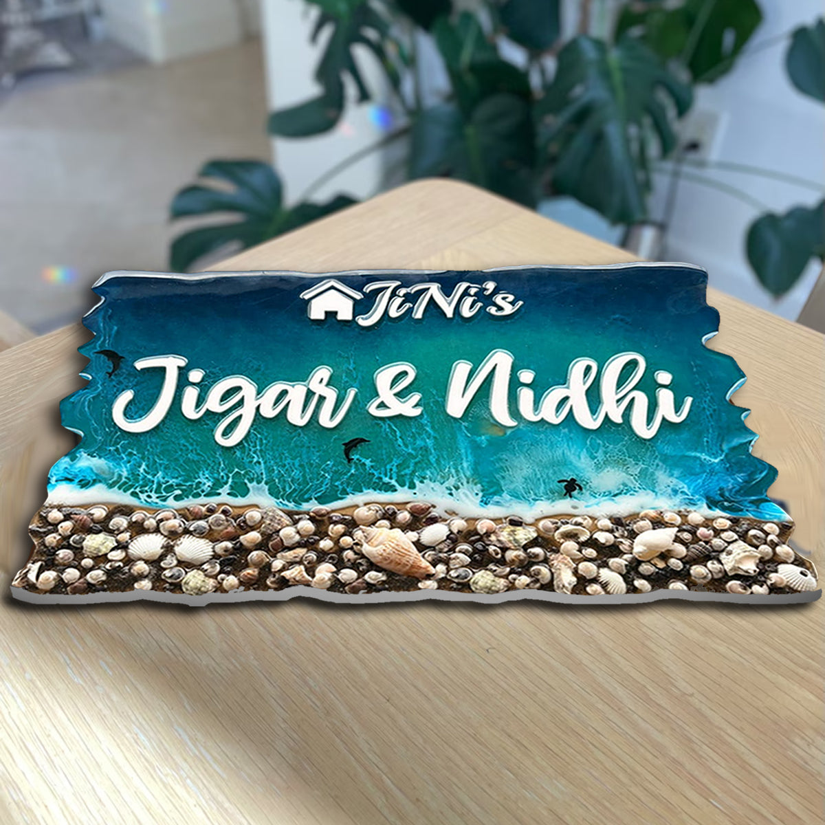 Beach Theme Resin & Acrylic Name Plate for House Entrance, Flat, Bungalow (Shells & Waves)