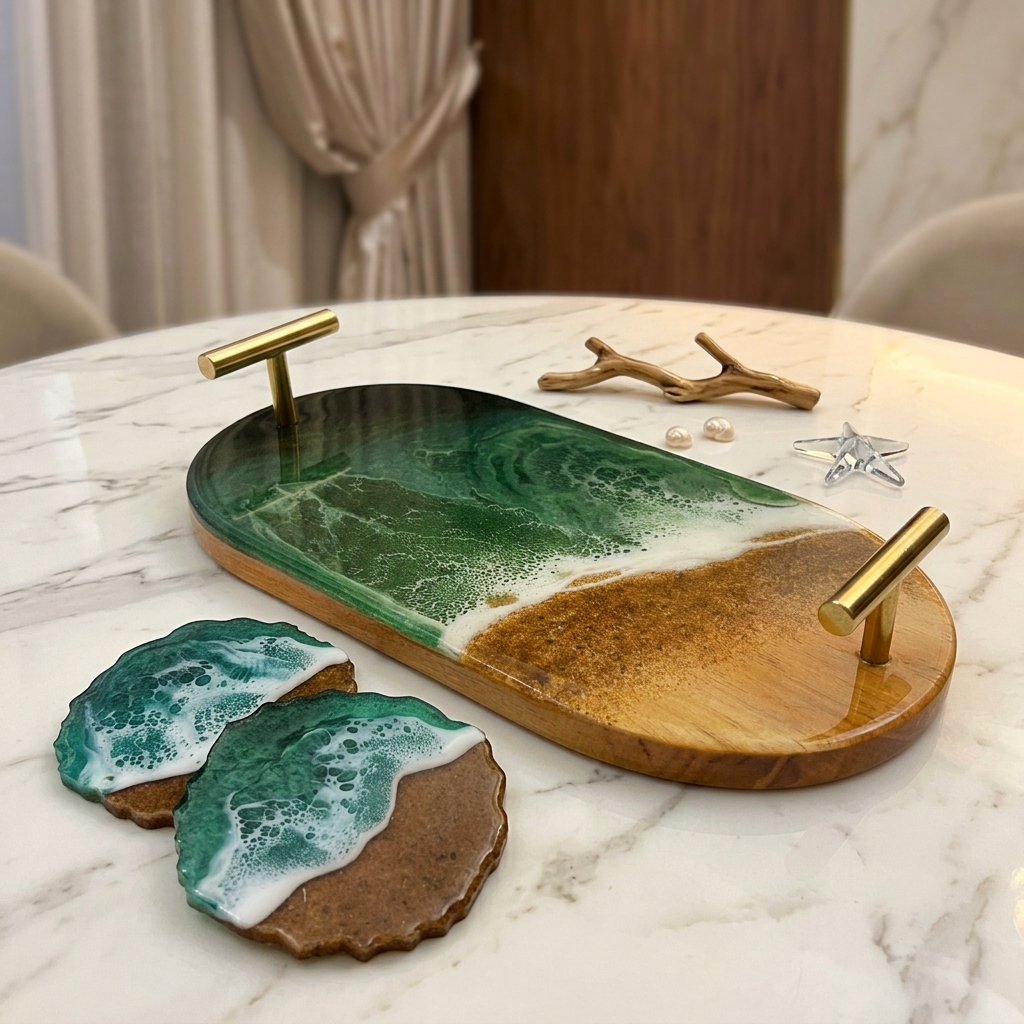 Classic Resin & Wooden Tray with Coasters | Colour- Green