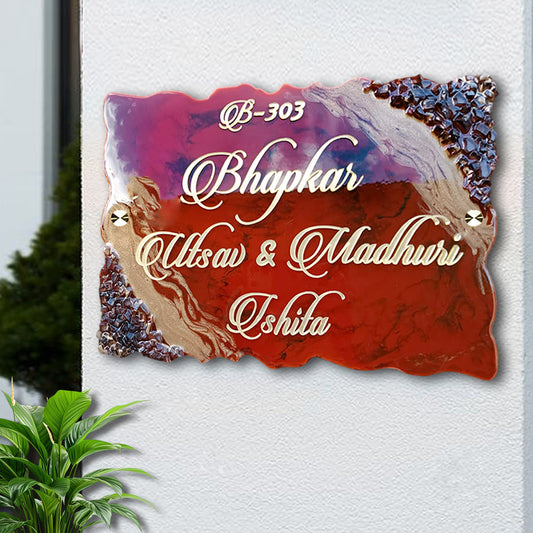 Classic Resin & Acrylic Name Plate for House Entrance, Flat, Bungalow (Red Shine)