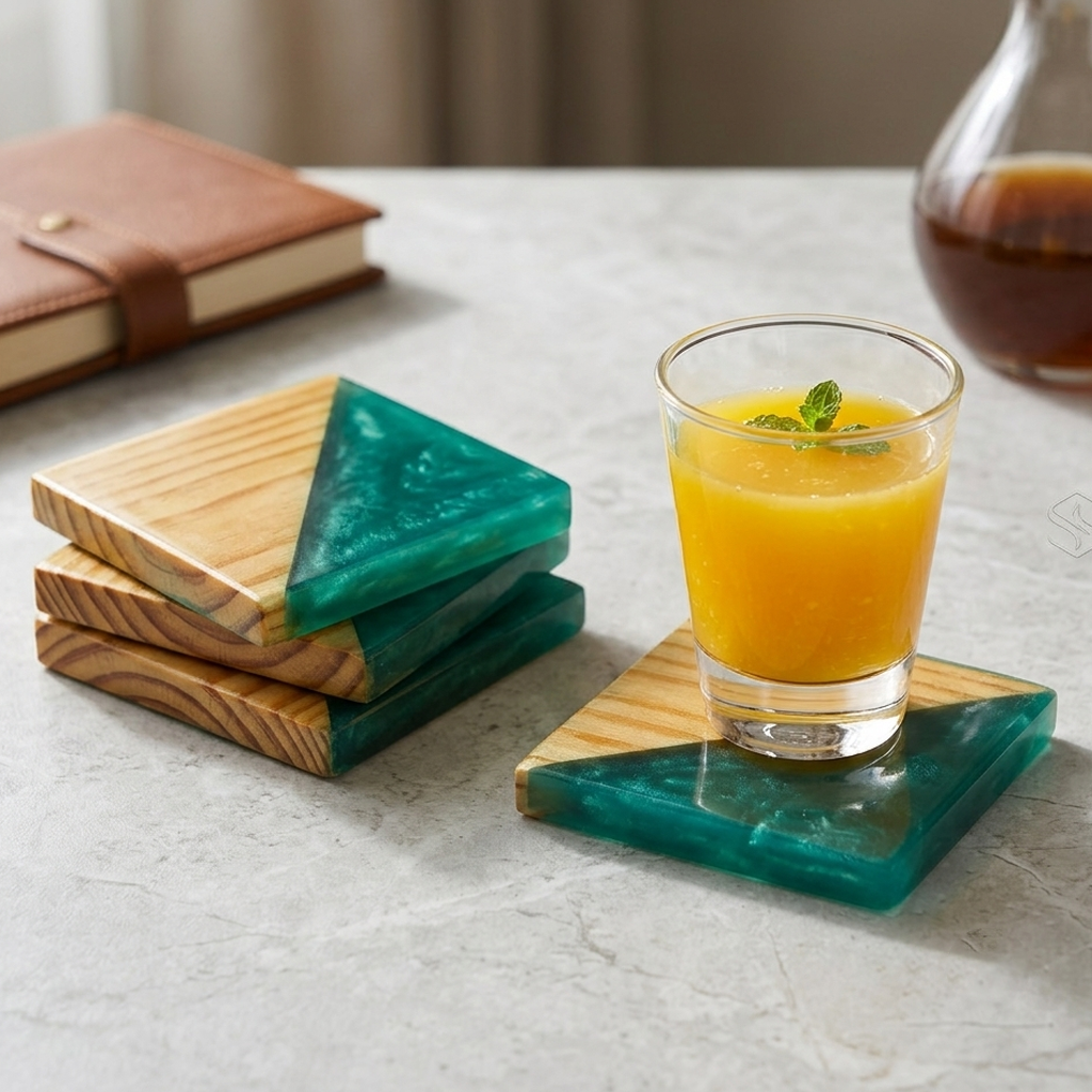 Resin & Wooden Tea Coaster's | Set of 4 | Colour- Green