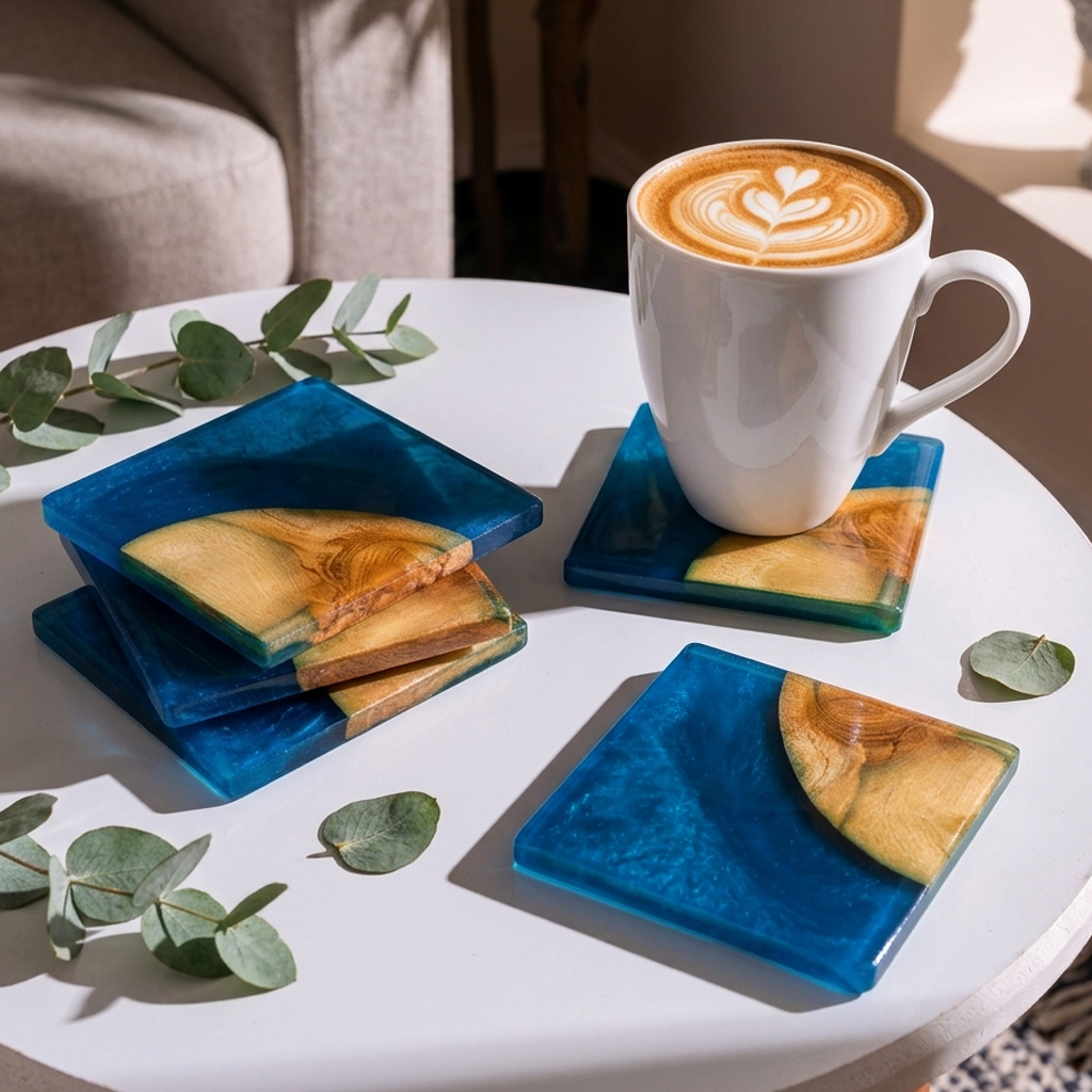 Resin & Wooden Tea Coaster's | Set of 4 | Colour- Blue