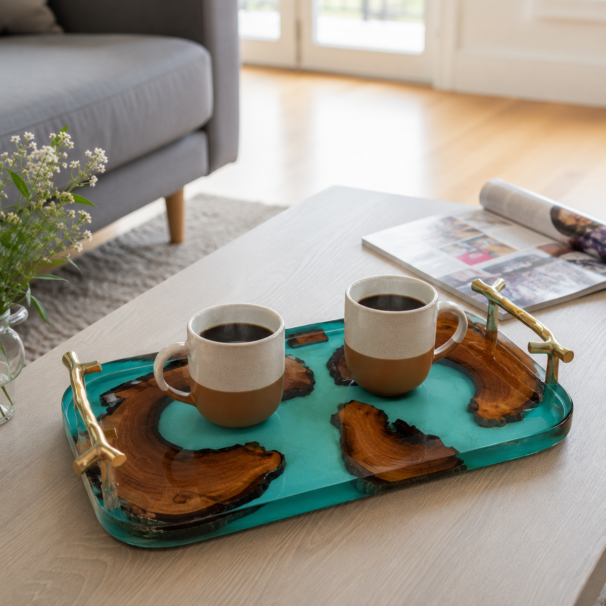 Resin & wooden Serving Tray with Metal Handles & Coasters