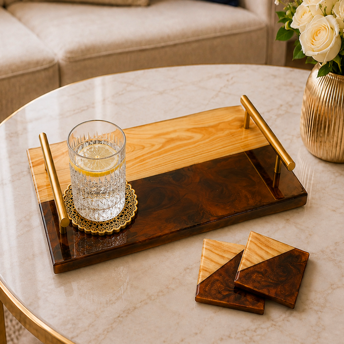 Resin & wooden Serving Tray with Coasters | Colour- Brown