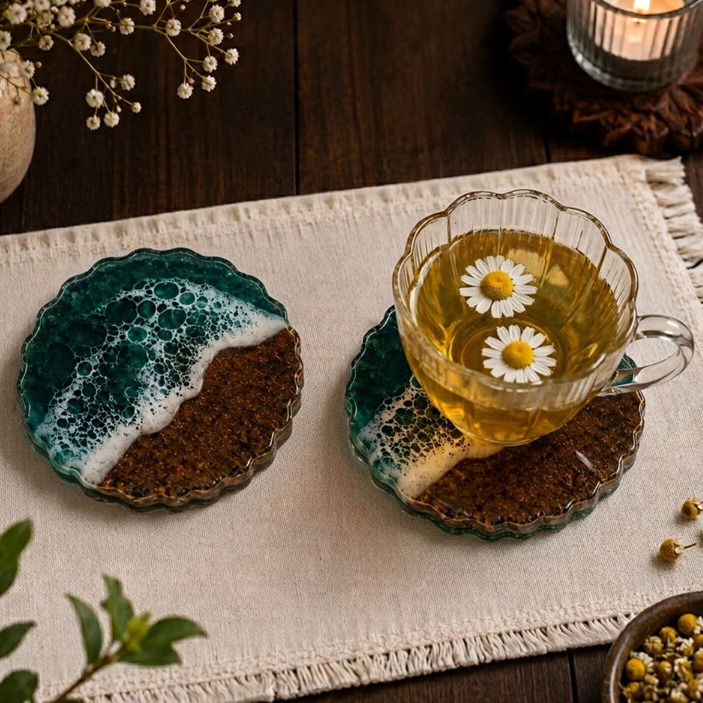 Resin & Wooden Round Shape Tea Coaster's | Set of 4 | Colour- Green