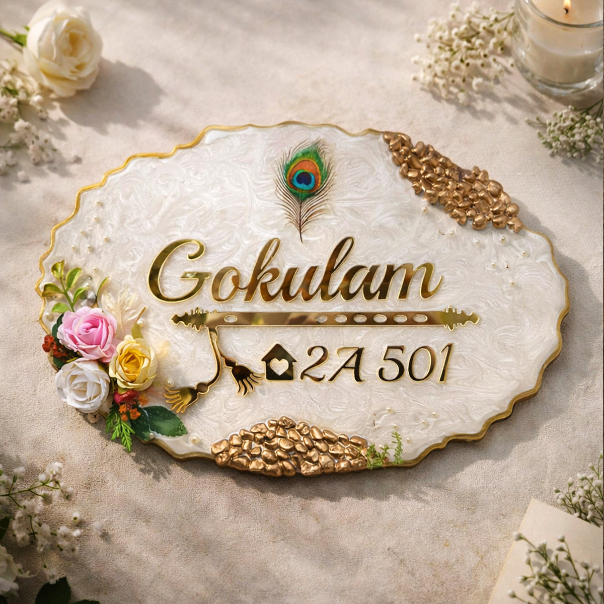 Customized Oval Shape Resin & Acrylic Name Plate for House Entrance, Flat, Bungalow (Roses And Stones)