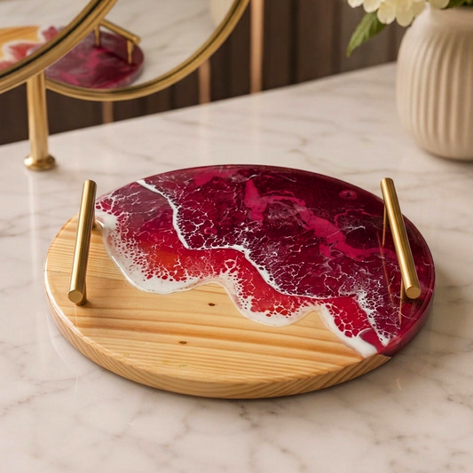 Circular Resin & Wooden Serving Trays with Metal Handle