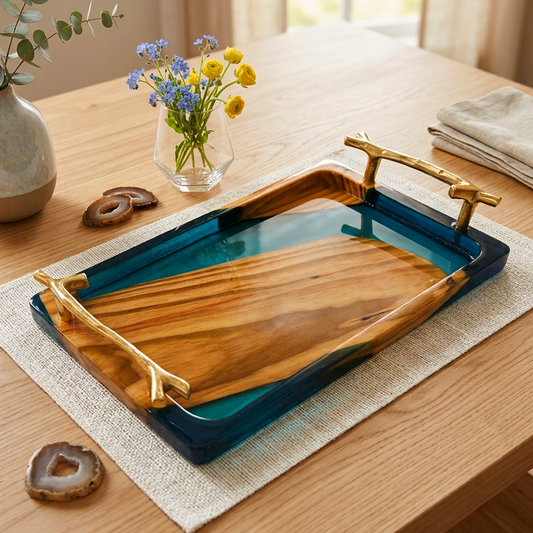 Wooden & Resin Serving Tray with Metal Handels