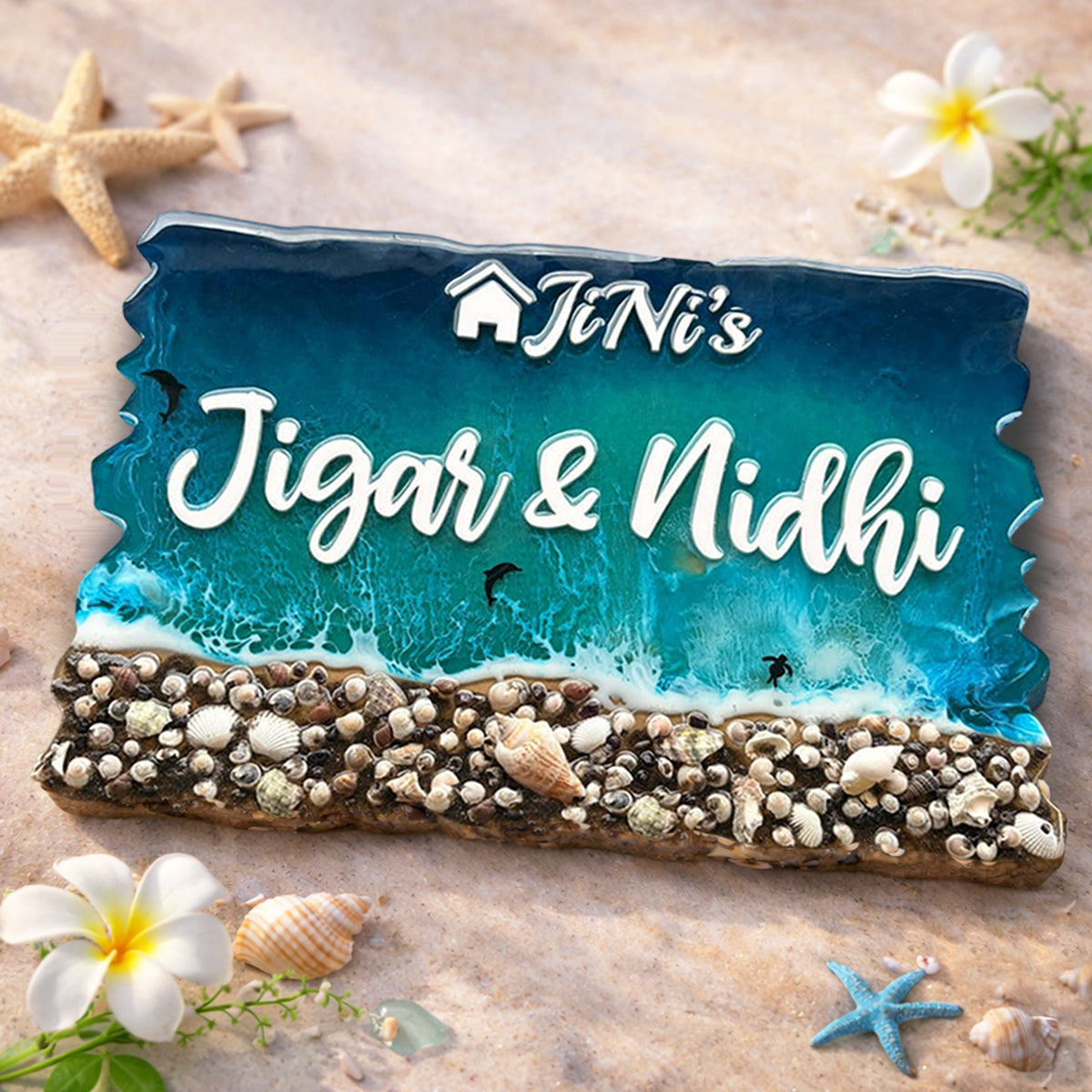 Beach Theme Resin & Acrylic Name Plate for House Entrance, Flat, Bungalow (Shells & Waves)