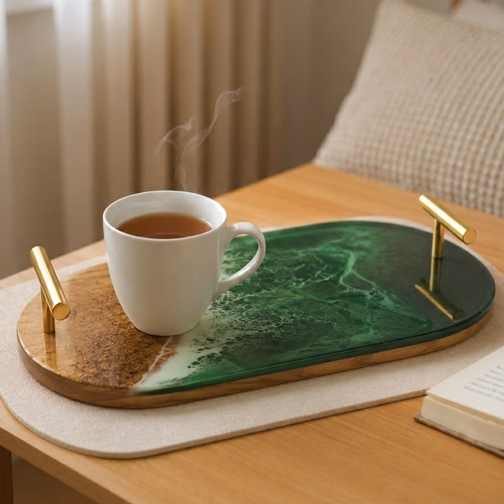 Classic Resin & Wooden Tray with Coasters | Colour- Green