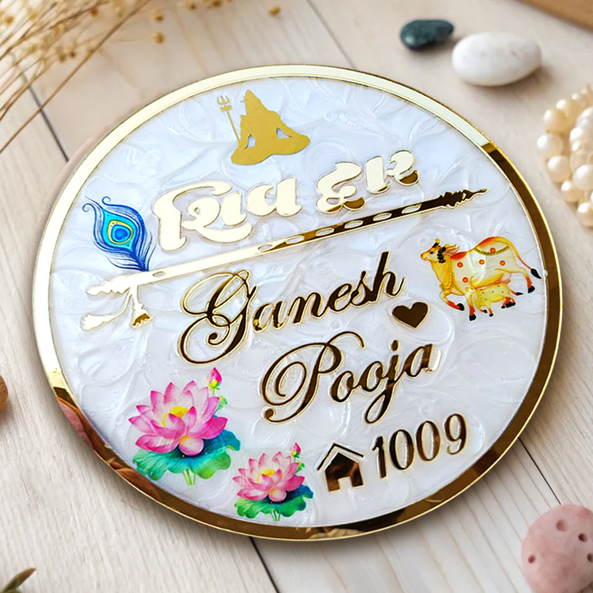 Shiva Theme Resin & Acrylic Name Plate for House Entrance, Flat, Bungalow (Lotus & Cow)