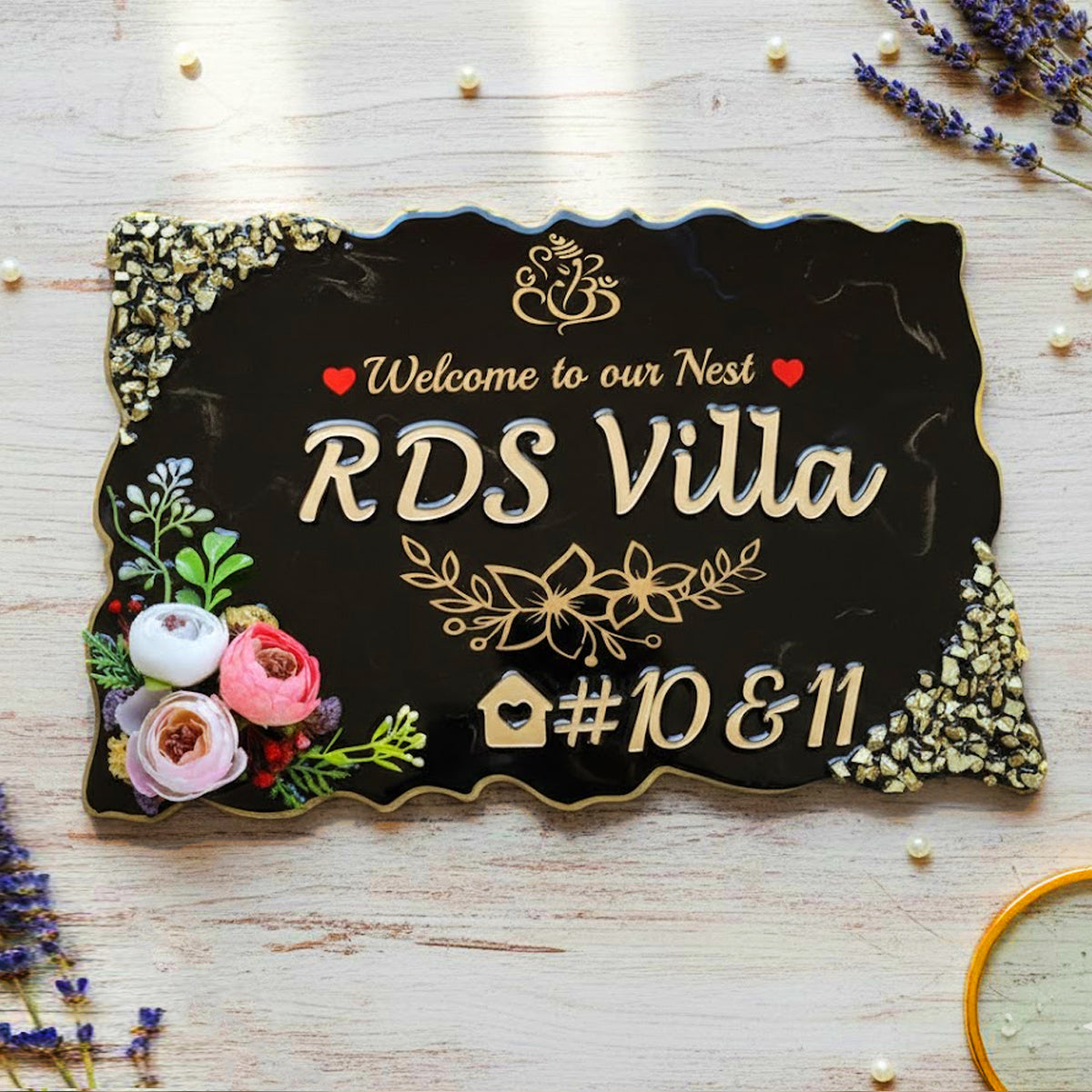 Shiny Resin & Acrylic Name Plate for House Entrance, Flat, Bungalow (Resin Black)