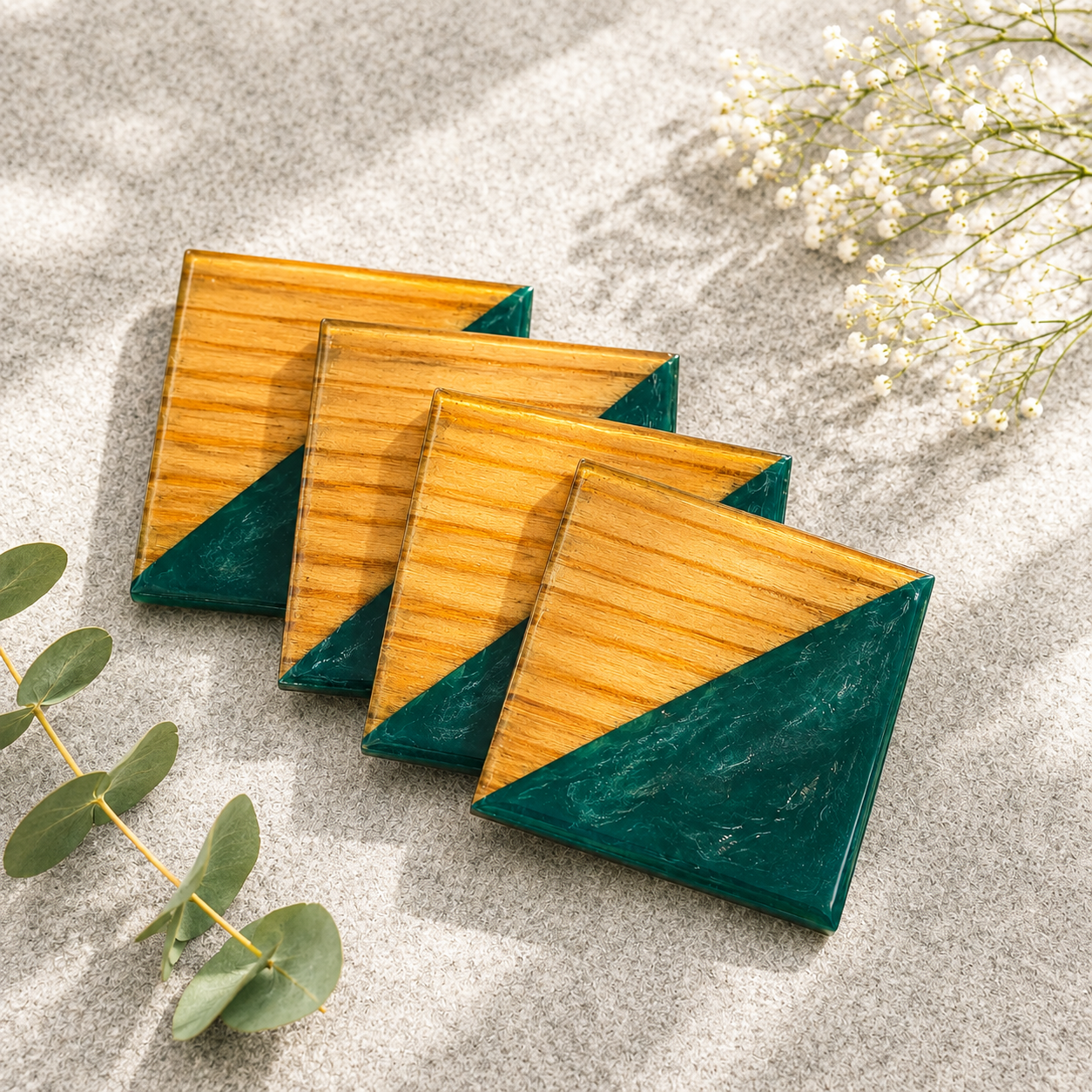 Resin & Wooden Tea Coaster's | Set of 4 | Colour- Green