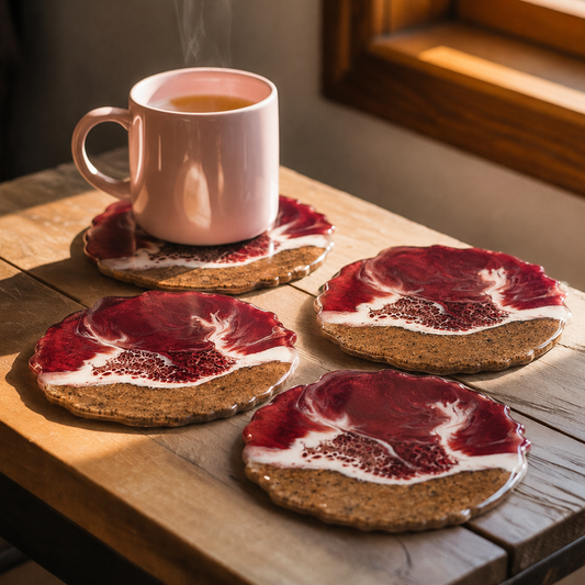 Resin & Wooden Round Shape Tea Coaster's | Set of 4 | Colour- Red