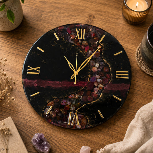 Resin Wall Clock with Decorative River Stones