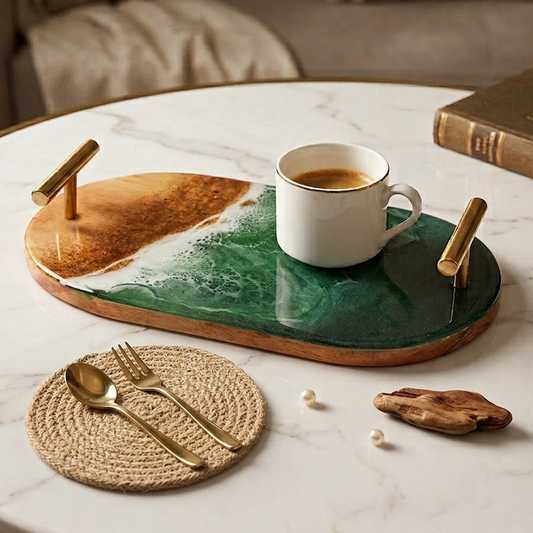 Classic Resin & Wooden Serving Tray | Colour- Green